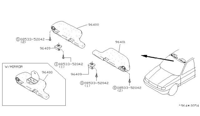 1994 Nissan Sentra Left Sun Visor Assembly Diagram for 96401-67Y63