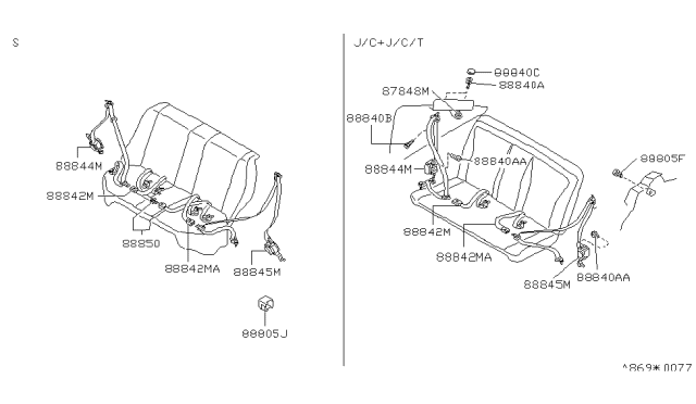 1992 Nissan Sentra Rear Seat Tongue Belt Assembly, Left Diagram for 88845-64Y09