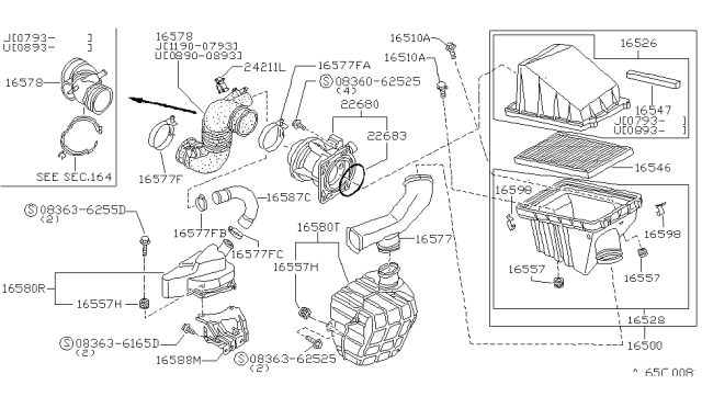 1994 Nissan Sentra Mass Air Flow Sensor Diagram for 22680-53J00