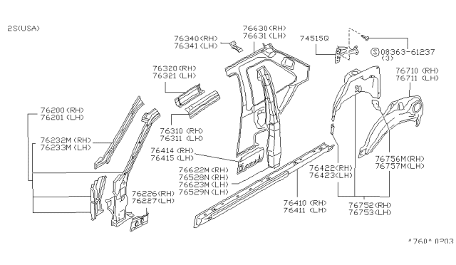 1991 Nissan Sentra Side FINISHER Bracket Diagram for 76994-64Y31