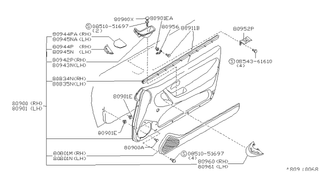 1992 Nissan Sentra Finisher Assy-Front Door,LH Diagram for 80901-67Y01