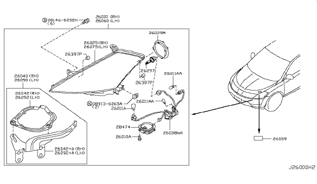 2007 Nissan Murano Driver Side Headlight Assembly Diagram for 26060-CB80D