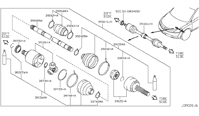 2006 Nissan Murano Shaft Assy-Front Drive,LH Diagram for 39101-CC40A