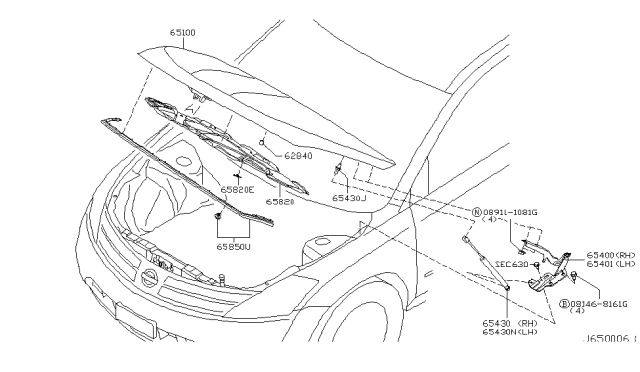 2005 Nissan Murano Hood Panel,Hinge & Fitting Diagram 1