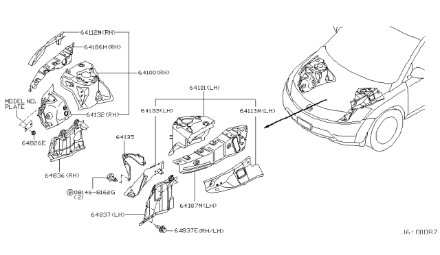 2004 Nissan Murano Hoodledge-Lower,Front LH Diagram for 64131-CA000