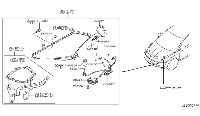2003 Nissan Murano Headlamp Housing Assembly, Passenger Side Diagram for 26025-CB80A