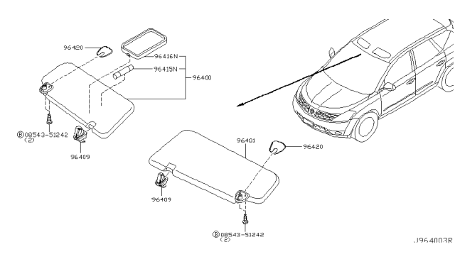 2007 Nissan Murano Left Sun Visor Assembly Diagram for 96401-CC20D