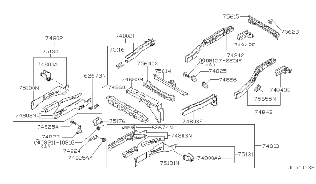 2000 Nissan Pathfinder Member-Rear Cross,End Upper Diagram for 75614-0W010