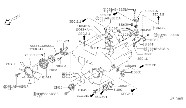 2000 Nissan Pathfinder Pulley-Fan & Water Pump Diagram for 21051-4P110