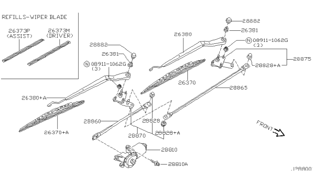 2001 Nissan Pathfinder Windshield Wiper Arm Assembly Diagram for 28881-0W001