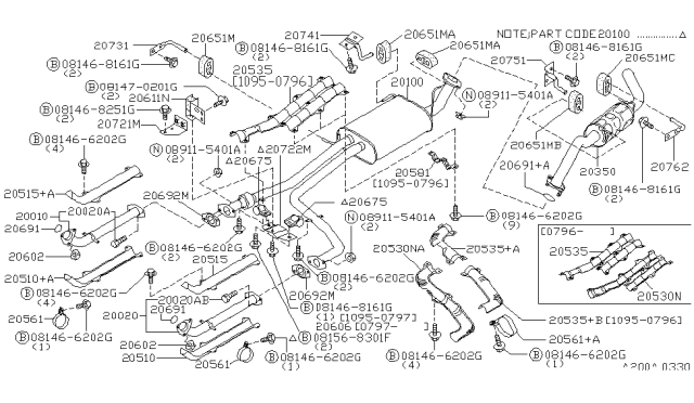 1997 Nissan Pathfinder Exhaust Muffler Assembly Diagram for 20100-0W700