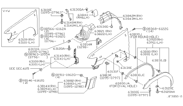 1998 Nissan Pathfinder Over Fender Assy-Front Bumper Side,RH Diagram for 63814-1W701