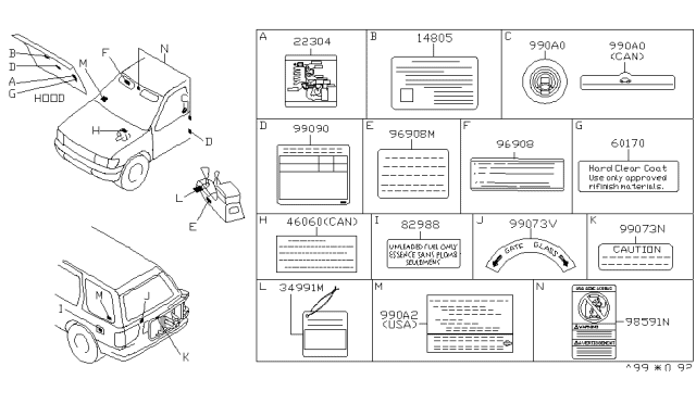1997 Nissan Pathfinder Content Label: Rg Diagram for 990A2-70F00