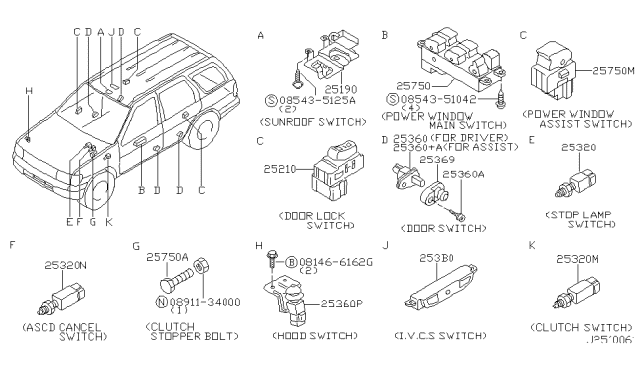 2001 Nissan Pathfinder Switch Assy-Ivcs Diagram for 253B0-2W600