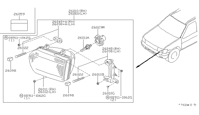 1999 Nissan Pathfinder Driver Side Headlight Assembly Diagram for 26060-2W625