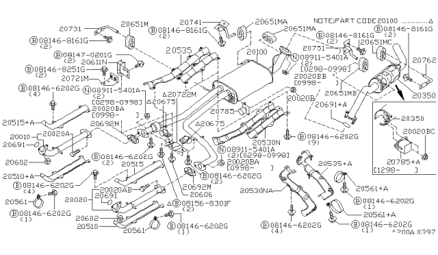 1999 Nissan Pathfinder Exhaust Tube Assembly, Front Diagram for 20020-1W600