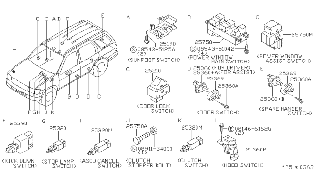 1997 Nissan Pathfinder Switch Assy-Power Window,Main Diagram for 25401-0W010