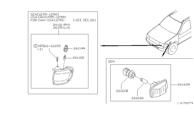 1998 Nissan Pathfinder Lamp Assembly-Side Combination,RH Diagram for 26110-0W025