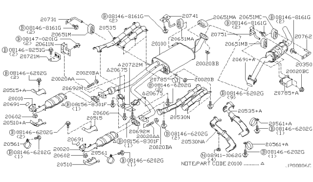 2001 Nissan Pathfinder Muffler Assembly Diagram for 20350-4W020