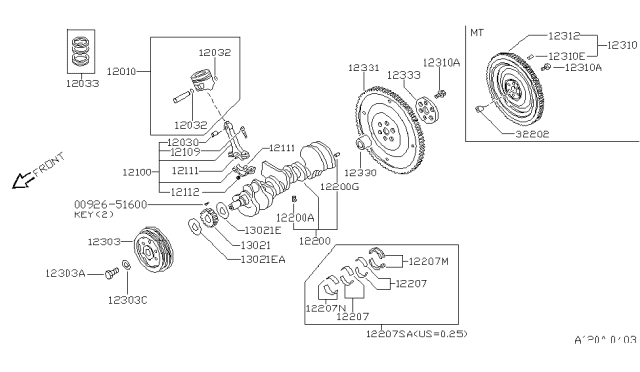 2001 Nissan Pathfinder FLYWHEEL Assembly Diagram for 12310-4W001