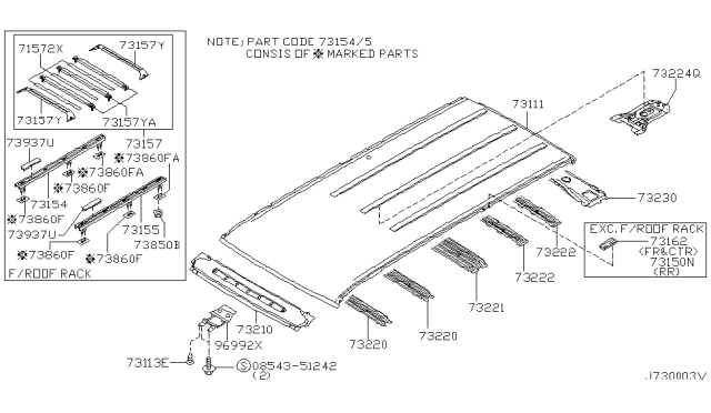 2002 Nissan Pathfinder Roof Panel & Fitting Diagram 1
