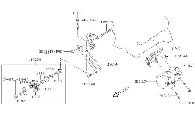 2002 Nissan Pathfinder Pulley-Idler Diagram for 11927-0W002