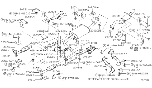 2001 Nissan Pathfinder Exhaust Tube & Muffler Diagram 1