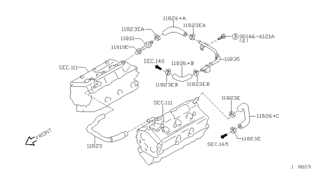 2002 Nissan Pathfinder Blow-By Gas Hose Diagram for 11823-4W006