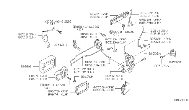 2001 Nissan Pathfinder Front Door Lock & Handle Diagram 1