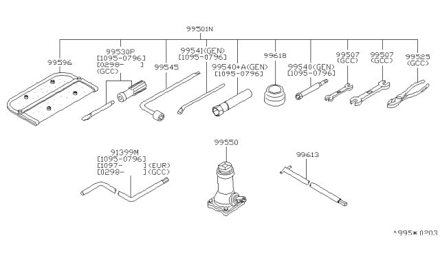 1996 Nissan Pathfinder Tool Set Diagram for 99501-0W000