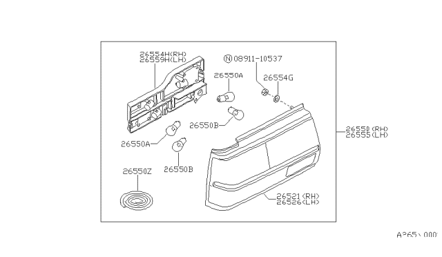 1988 Nissan Stanza Cover Combination Lamp RH Diagram for 26551-D4500