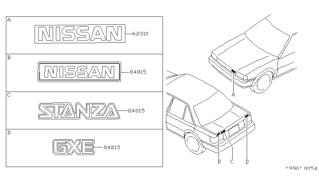 1989 Nissan Stanza Front Emblem Diagram for 62891-D4500