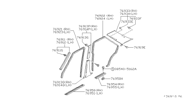 1987 Nissan Stanza FINISHER-Rear Pillar LH Red Diagram for 76935-D4203