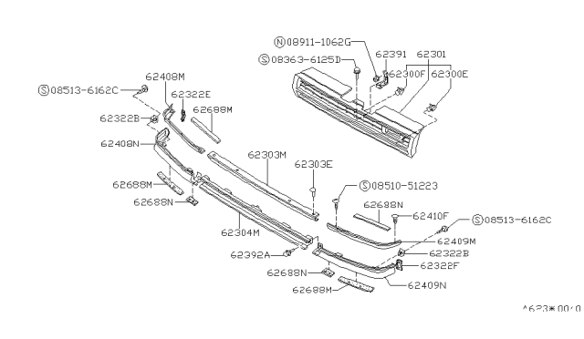 1989 Nissan Stanza Bracket Radiator Grille Center Diagram for 62392-D4000