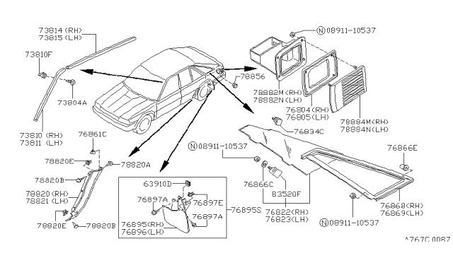 1988 Nissan Stanza Glass Assembly-Side Window RH Diagram for 76820-D5500