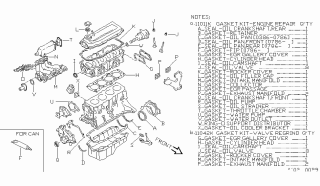 1987 Nissan Stanza Gasket Kit Valve REGRIND Diagram for 11042-D3527