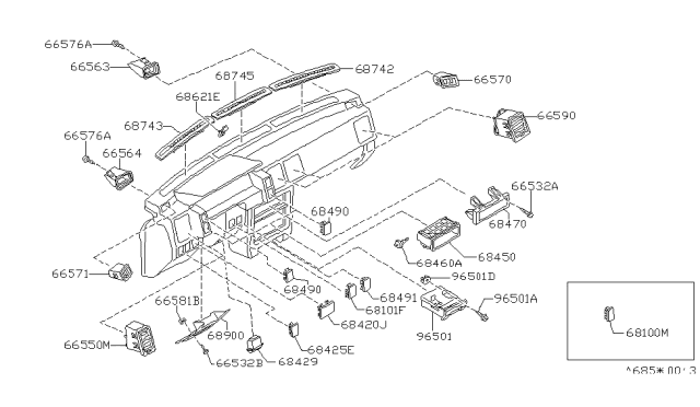 1988 Nissan Stanza Grille-Side DEFROSTER LH Red Diagram for 68741-D4003