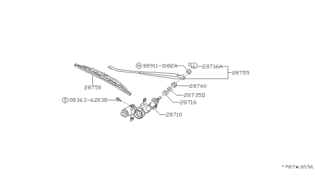 1989 Nissan Stanza Rear Windshield Wiper Blade Assembly Diagram for 28890-D5620