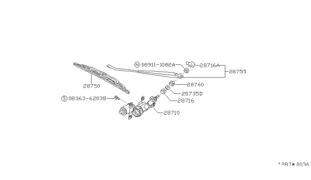 1989 Nissan Stanza Motor Assembly Rear Window WIPER Diagram for 28710-D5610