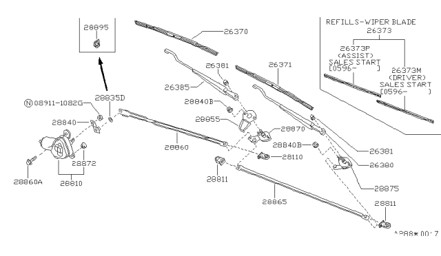 1989 Nissan Stanza Windshield Wiper Arm Assembly Diagram for 28885-13E60