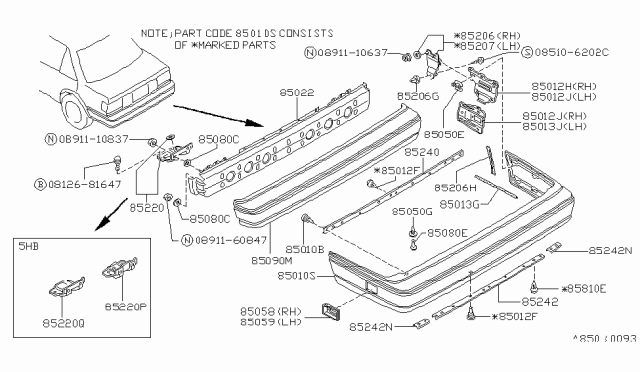 1988 Nissan Stanza Rear Bumper Cover Diagram for 85022-D4525