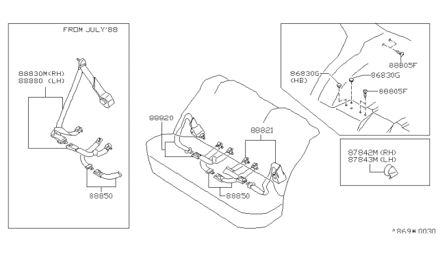 1989 Nissan Stanza Rear Seat Belt Set, 3Point Left Red Diagram for 88841-D4603