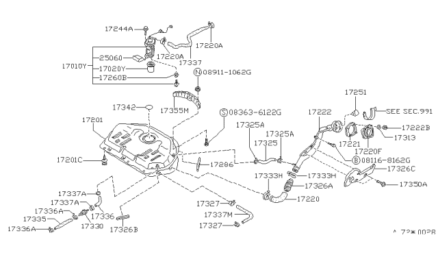 1989 Nissan Stanza Fuel Tank Assembly Diagram for 17202-D3500