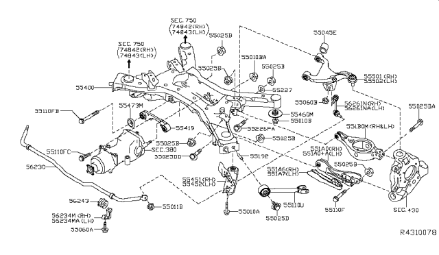 2017 Nissan Murano Member Complete - Rear Suspension Diagram for 55400-5AA0D