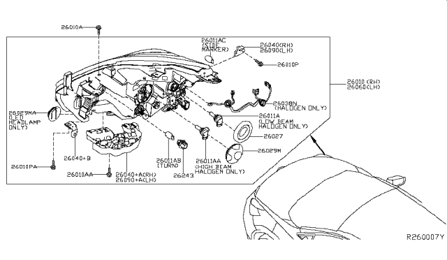 2016 Nissan Murano Passenger Side Headlight Assembly Diagram for 26010-5AA0D