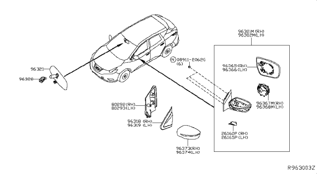 2016 Nissan Murano Door Mirror Assembly-RHRH Diagram for 96301-5AA0C