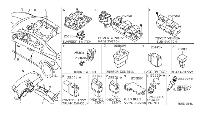 2008 Nissan Altima Switch Assy-Power Window Main Diagram for 25401-ZN60A