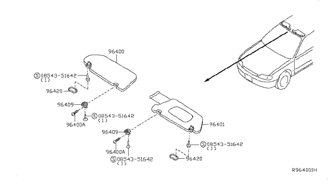 2007 Nissan Altima Right Sun Visor Assembly Diagram for 96400-JB000