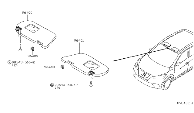 2019 Nissan Kicks Left Sun Visor Assembly Diagram for 96401-5RL1A