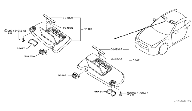 2012 Nissan GT-R Left Sun Visor Assembly Diagram for 96401-KJ13C